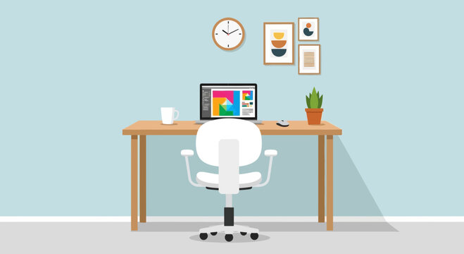 Modern Home Office Setup with Laptop, Chair, Desk, and Wall Art