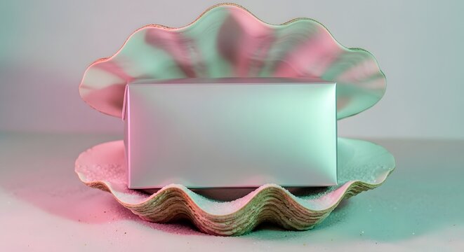 A silver rectangular object resting inside an open clam shell with colorful lighting.