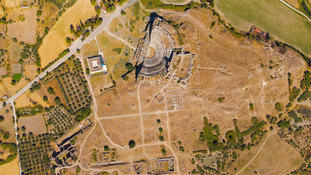Balat, Turkey. Aerial drone view of ancient Miletus with Faustina Baths, Kirk Merdivenli Cami, Bouleuterion and the Great Harbor in a single frame. Aerial View