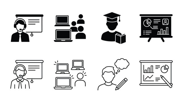 Set of education and training icons, including online learning, webinar, presentation, student, and brainstorming concepts, vector illustration