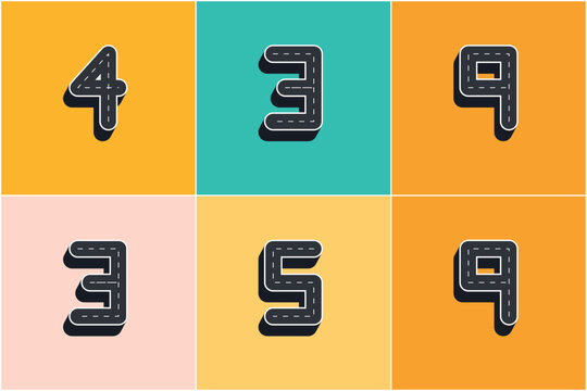 Road asphalt number set with street markings, creative highway typography vector, urban traffic font collection on colorful grid background