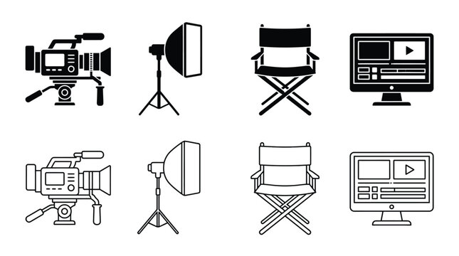 Set of film production icons, including video camera, studio lighting, director chair and video editing software interface