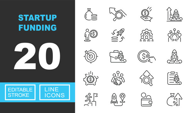 Startup Funding line icon set. Exclusive Startup Funding line icon collection. Containing moneybag, analysis, investment, growth, investor, rocket, teamwork, crowd-funding, target. Editable stroke.