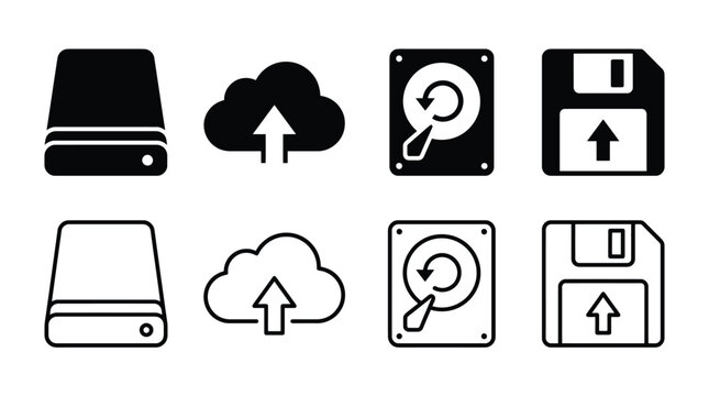 Set of data storage icons, including hard drive, cloud upload, disk drive, and floppy disk, in solid and outline styles, vector illustration for web and app design