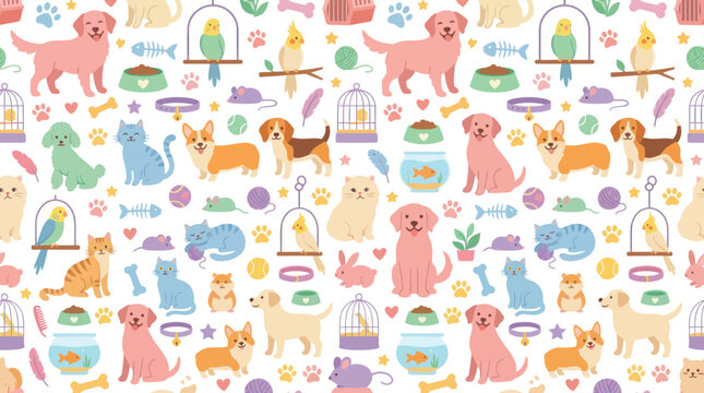 Cute Cartoon Pattern of Pets, Dogs, Cats, Birds, and Toys for Pet Lovers