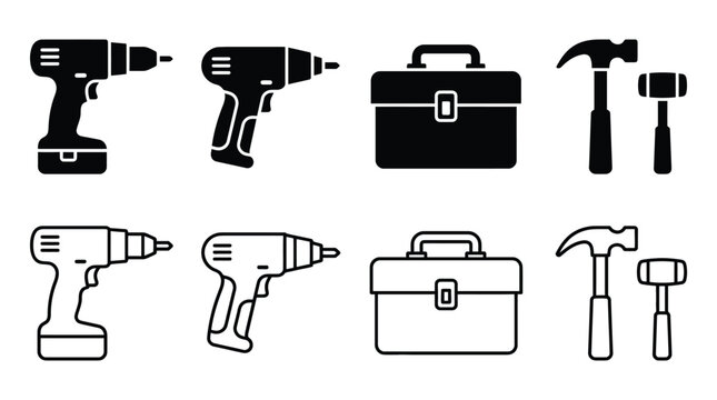 Set of construction tools icons, including cordless drill, toolbox, hammer and mallet, vector illustration