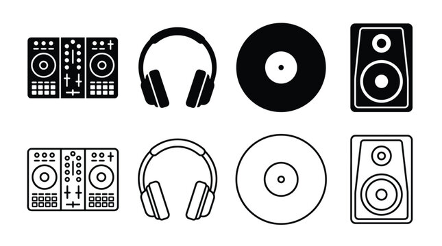 Set of dj equipment icons, including dj controller, headphones, vinyl record, and studio speaker, available in both solid black and outline styles, perfect for musicrelated designs and apps