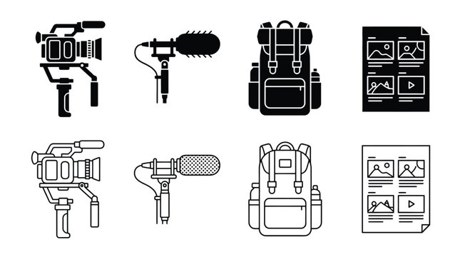 Set of filmmaking equipment icons, including video camera on gimbal, shotgun microphone, travel backpack, and storyboard sheet, solid and outline style
