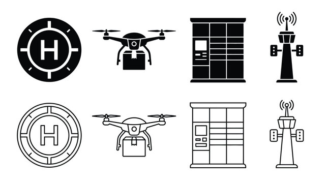 Set of logistics and delivery icons, including helipad, delivery drone, parcel locker, and communication tower, flat vector illustration