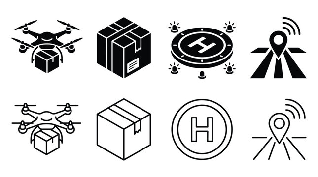 Set of drone delivery icons, including quadcopter with parcel, cardboard box, helipad landing zone, and gps location pin, vector illustration