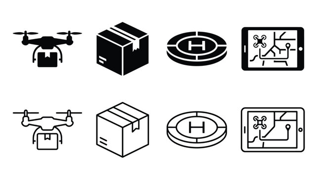 Drone delivery icons set vector illustration of quadcopter with package, cardboard box, landing pad and tablet with navigation map flat and outline style symbols for logistics, shipping and technology