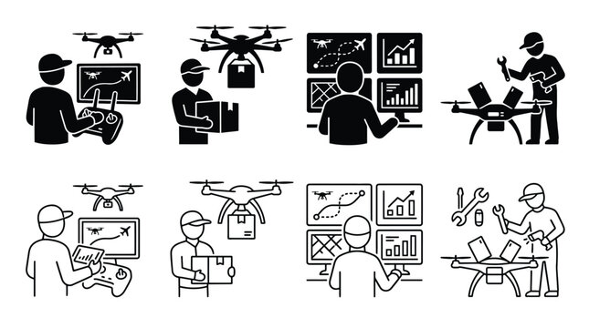 Set of drone icons, drone pilot, delivery, monitoring and maintenance, vector illustration