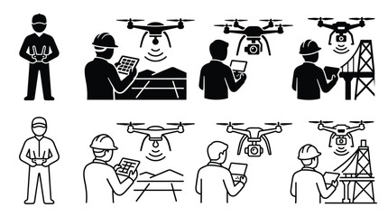 Drone operator icons set, pilot controlling unmanned aerial vehicle with remote controller and tablet for industrial inspection, agriculture and construction monitoring, vector illustration © PixelAura_Studio