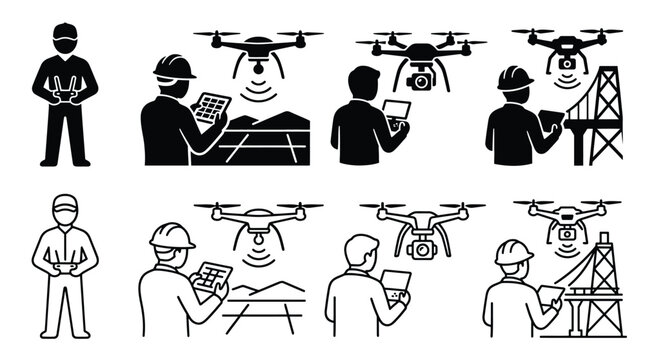 Drone operator icons set, pilot controlling unmanned aerial vehicle with remote controller and tablet for industrial inspection, agriculture and construction monitoring, vector illustration