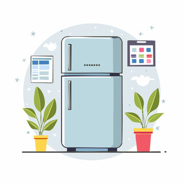 Illustration of a light blue refrigerator with plants and calendar