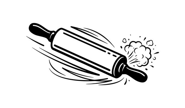 Wooden rolling pin vector illustration with flying flour splash.