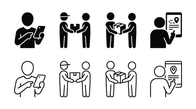 Set of delivery and tracking icons, including courier handing over a package, customer using mobile app for order tracking, and online shopping interface