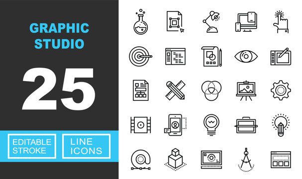 Graphic studio line icon set. Exclusive Graphic studio line icon collection. Containing flask, blueprint, lamp, responsive, touch, target, wireframe, layout, eye, tablet. Editable stroke.