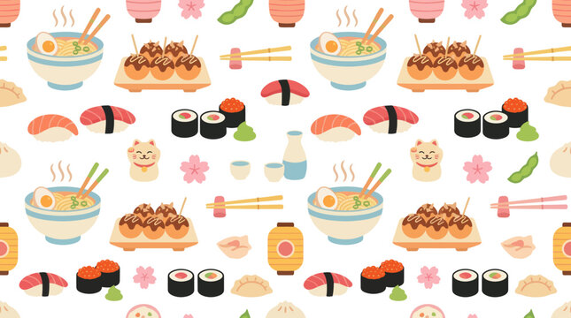 Seamless Pattern of Cute Japanese Food Icons in Flat Vector Art Style