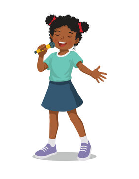 Little African girl singing a song with a microphone
