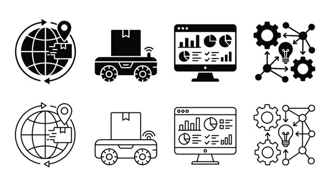 Set of logistics and technology icons, including global shipping, automated delivery robot, data analytics dashboard, and innovation network, vector illustration