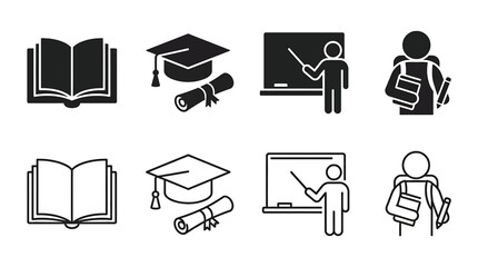 Set of education icons, including book, graduation cap, diploma, teacher at blackboard and student with backpack © PixelAura_Studio