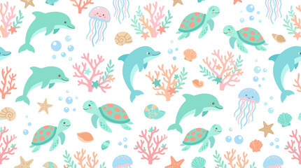 Obraz premium Marine Life Cartoon Seamless Pattern: Cute Dolphins, Sea Turtles, Jellyfish Coral in Flat Vector Style for Kids