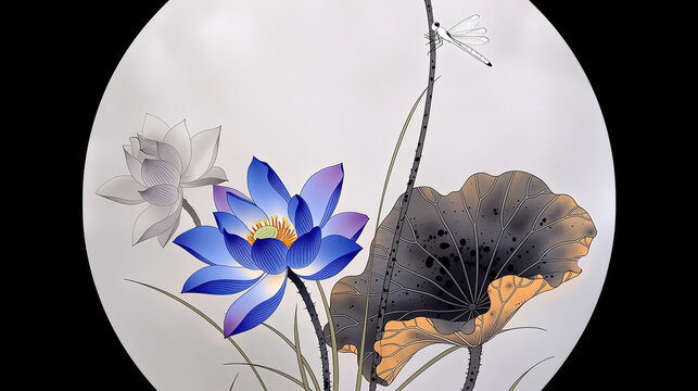 Sumi e circular style blue lotus with purple accents on light gray ground large brown orange leaf to right tall speckled gray stem white dragonfly top right pale gray lotus left green grass at bottom