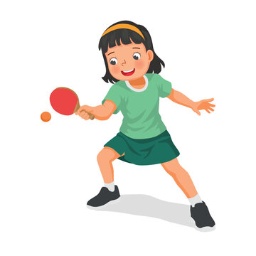 Little girl playing table tennis hitting the ping pong ball with paddle