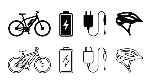 Set of electric bicycle, battery, charger and helmet icons ebike accessories and equipment vector symbols