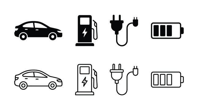 Electric vehicle icons set, ev charging station, power plug and battery symbol, vector illustration