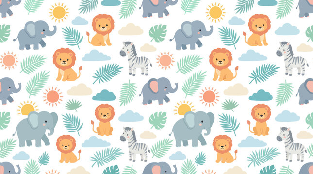 Cute Cartoon Flat Vector Seamless Pattern with Baby Kids Safari Jungle Animals, Elephants, Lions, Zebras.
