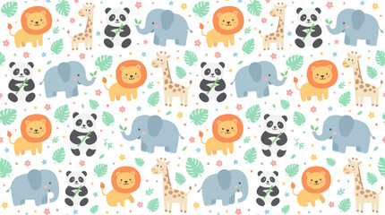 Obraz premium Cute Flat Cartoon Safari Animals Seamless Pattern for Kids Baby Products - Vector Illustration