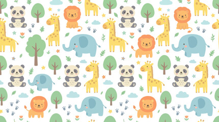 Obraz premium Cute Cartoon Baby Animal Seamless Pattern Vector Illustration for Kids Nursery Design
