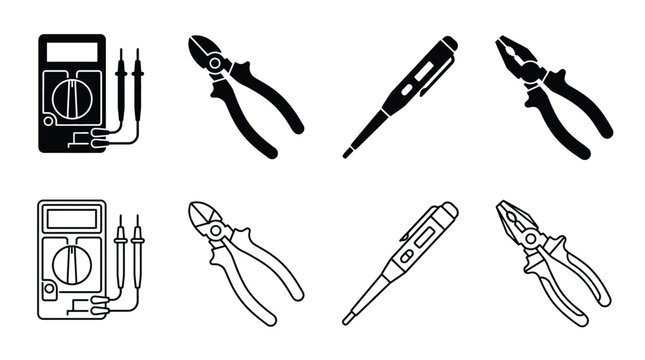 Set of electrical tools icons, including multimeter, wire cutters, voltage tester, and pliers, vector illustration