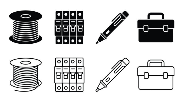 Set of electrical icons in solid and line style, including wire spool, circuit breaker, voltage tester pen, and toolbox