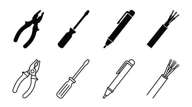 Set of tools icons, including pliers, screwdriver, pen, and electrical wire vector illustration of construction and office equipment