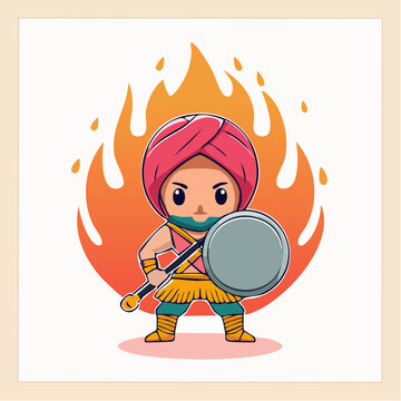 Chibi Warrior with Shield and Spear in Front of Flames