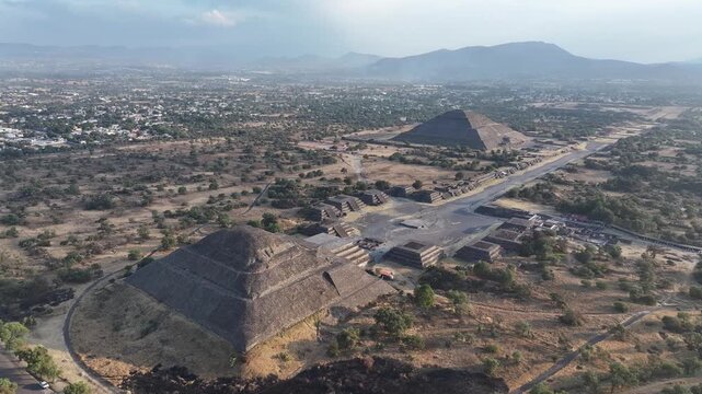 Aerial view of the Sun and Moon Pyramid in the ancient city of Teotihuacan, Mexico
