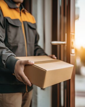 A delivery person in a uniform hands over a cardboard package at a doorstep during sunset.