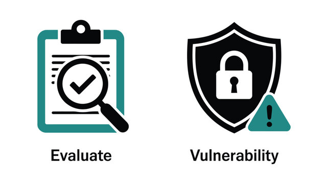 Vulnerability Management vector illustration featuring evaluation checklist, cybersecurity shield icons, risk assessment process, secure system protection, modern flat design.
