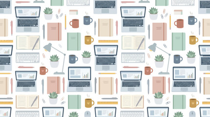 Fototapeta premium Workplace Productivity Flat Vector Seamless Pattern with Office Technology, Laptops, Notebooks Desk Supplies