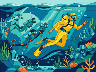 Stylized Vector Scuba Diving Illustration, Divers Exploring Underwater Coral Reef with Marine Life and Fish © Olga