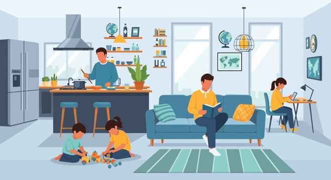 Family enjoying time together at home, father cooking, reading on sofa, kids playing and studying