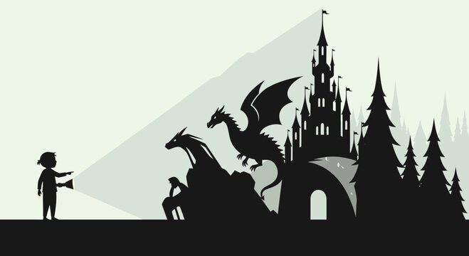 Child with flashlight discovers dragons and castle silhouette