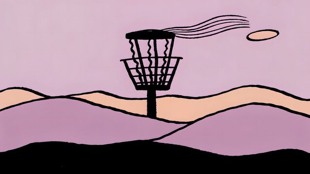 Disc golf basket and landscape illustration