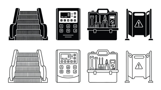 Escalator and maintenance icons set vector illustration of elevator stairs, control panel, toolbox with tools and wet floor sign