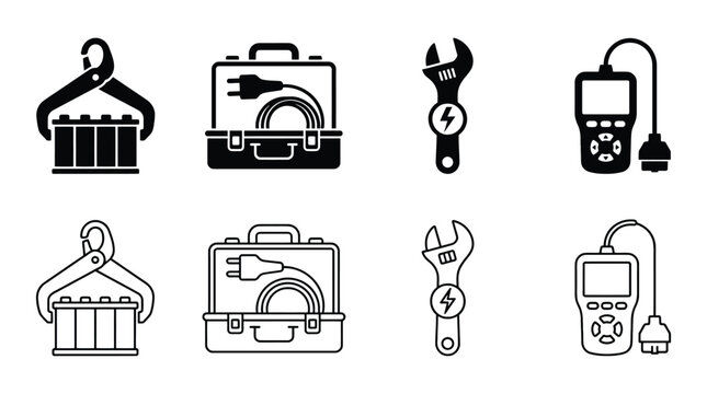 Set of electrical repair tools icons, including battery lifting clamp, toolbox with power cord, adjustable wrench with lightning bolt, and handheld diagnostic tester, vector illustration