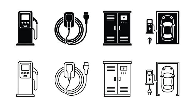 Electric vehicle charging station icons set ev charger, charging cable, power cabinet, and car charging point vector illustration