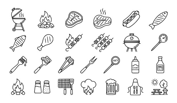 BBQ line icons set barbecue grill food vector collection